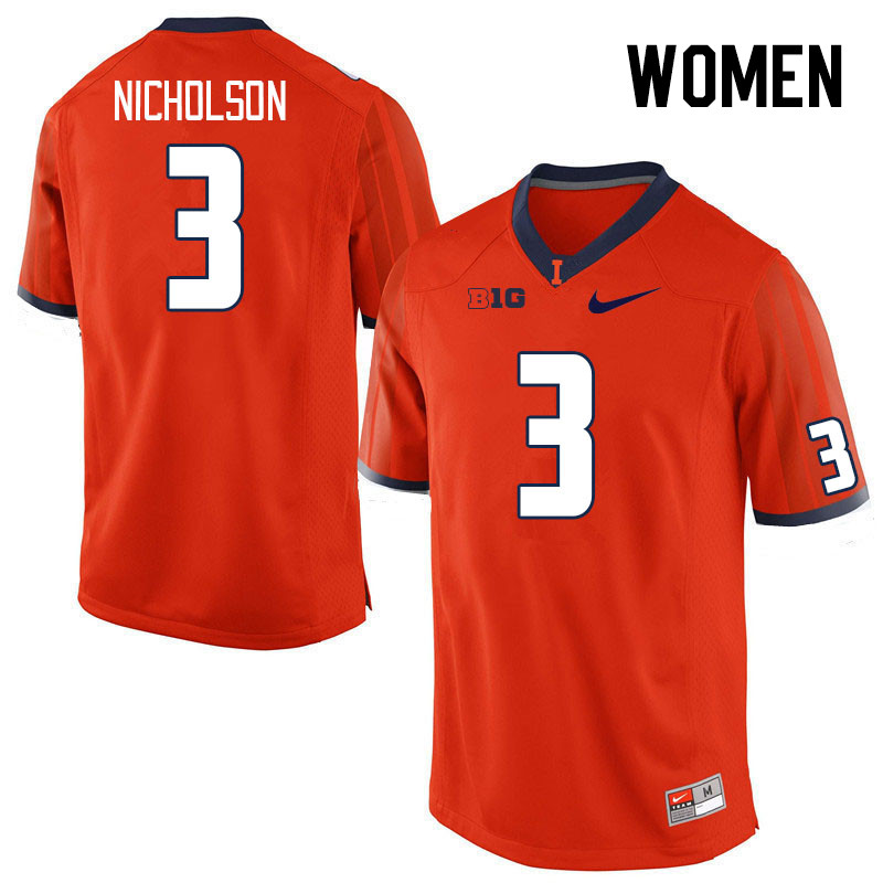 Women #3 Tahveon Nicholson Illinois Fighting Illini College Football Jerseys Stitched Sale-Orange